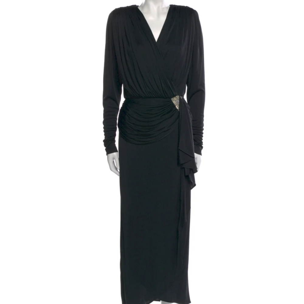 I MAGNIN Vintage Black Evening Gown Elegant Draped Silhouette, Crystal Accent - Picture 2 of 8